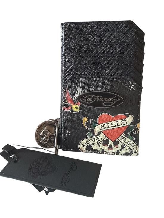 Ed Hardy Accessories - Ed Hardy Love Kills Slowly Skull Print Card Holder with Tattoo Heart